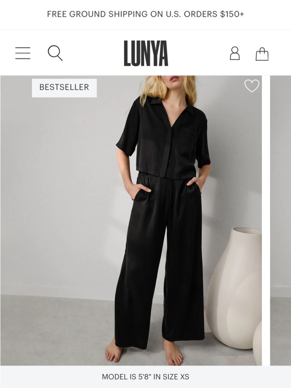 lunya Washable Silk Two-Piece Pajama Set - Black NEW